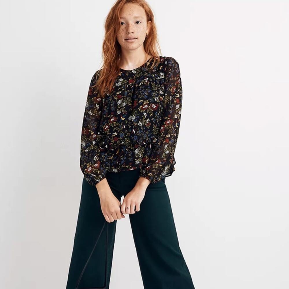 Madewell‎ Sheer-Sleeve Ruffle Peplum Top in Finch Floral Small